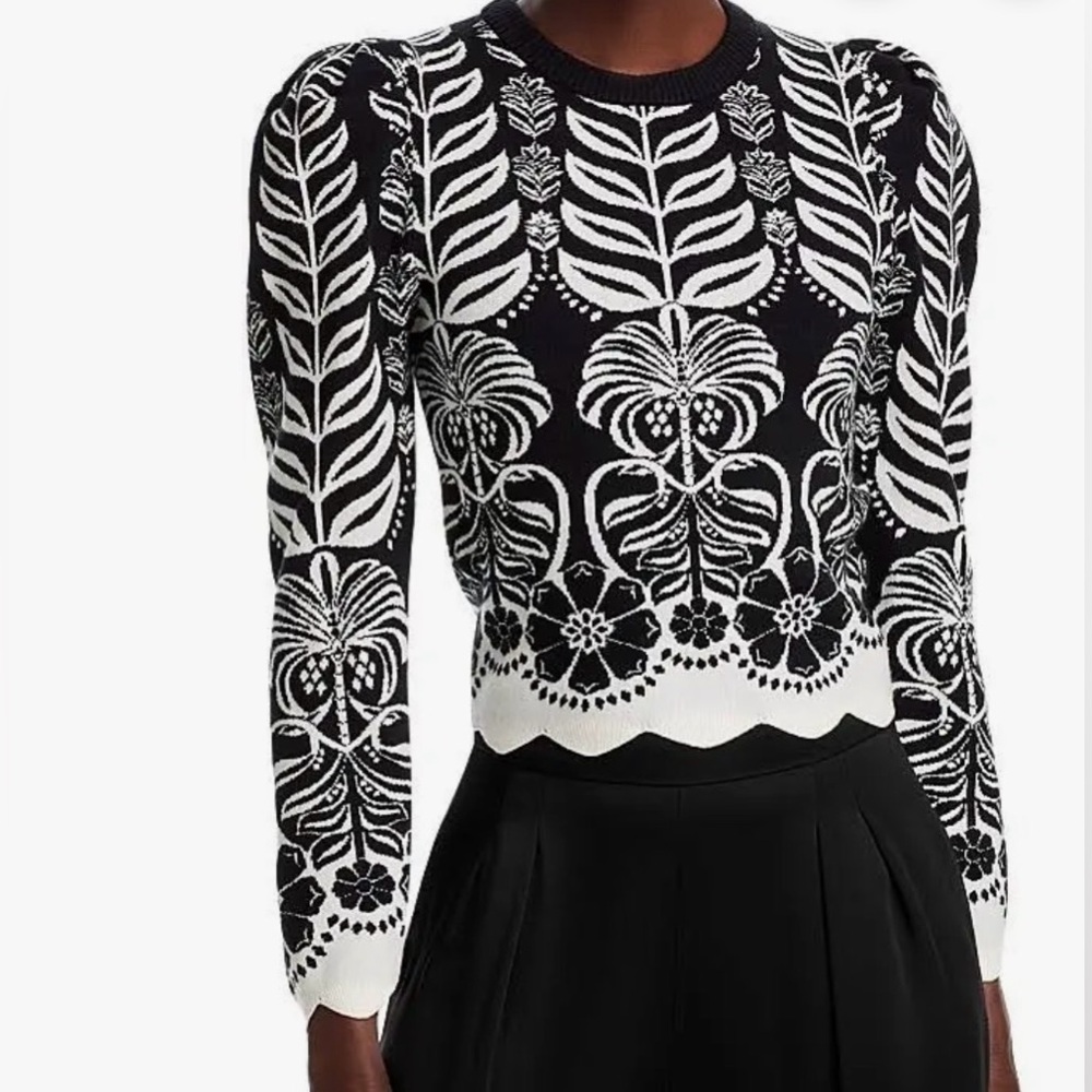 NWOT Farm Rio BLACK AINIKA TROPICAL SPLENDOR PUFF SHOULDER PO SWEATER Size XS
